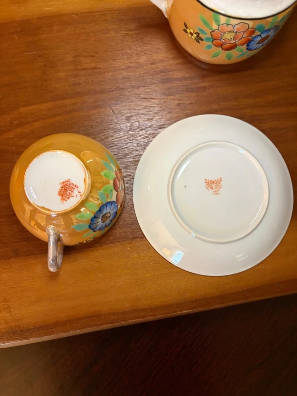 Vintage (1921-41) Japanese Lusterware Porcelain Sugar Bowl with 2 Cups & Saucers
